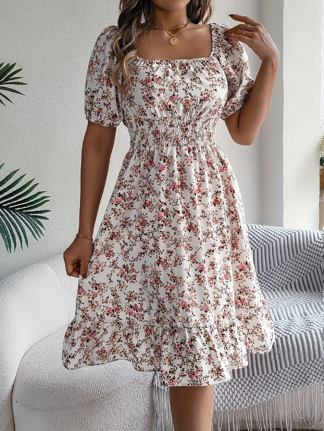 Floral Print Square Neck Midi Dress