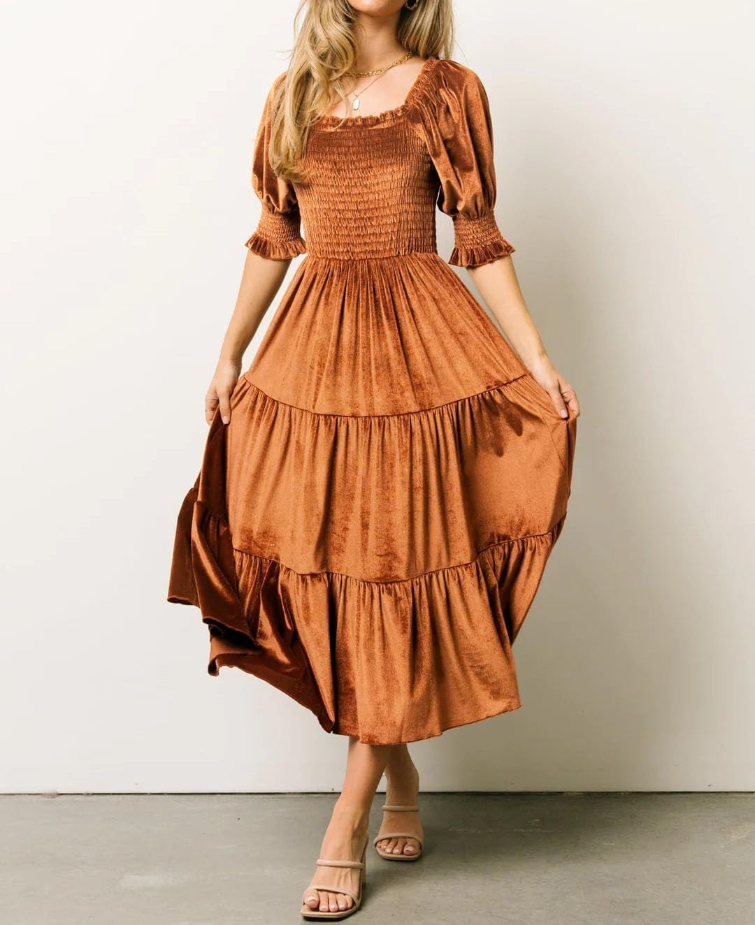 Puff Sleeve Square Neck Smocked Tiered Ruffle Midi Dress