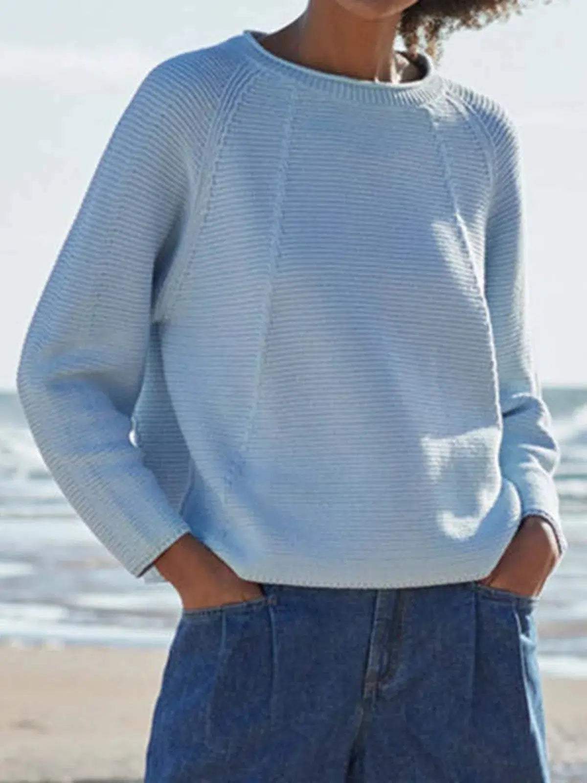 Fresh Blue Plain Round Neck Long Sleeve Sweater