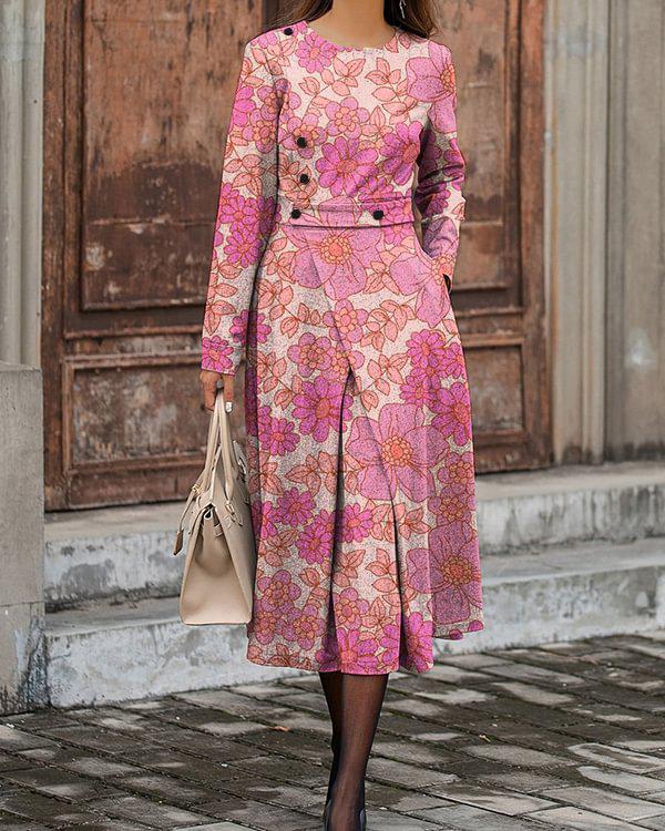 Sweet Pink Floral Print Round Neck Midi Dress