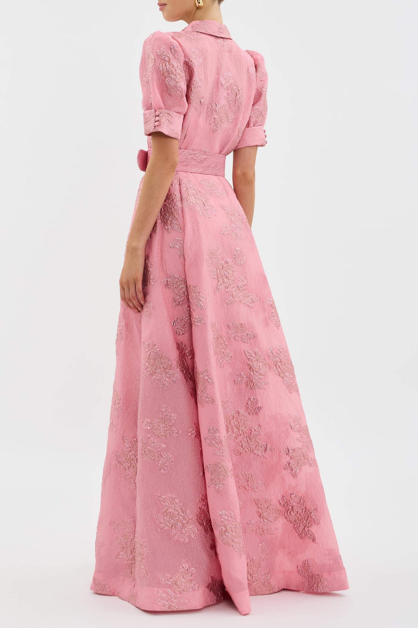 Pink Waist-cinching Button-down Maxi Dress