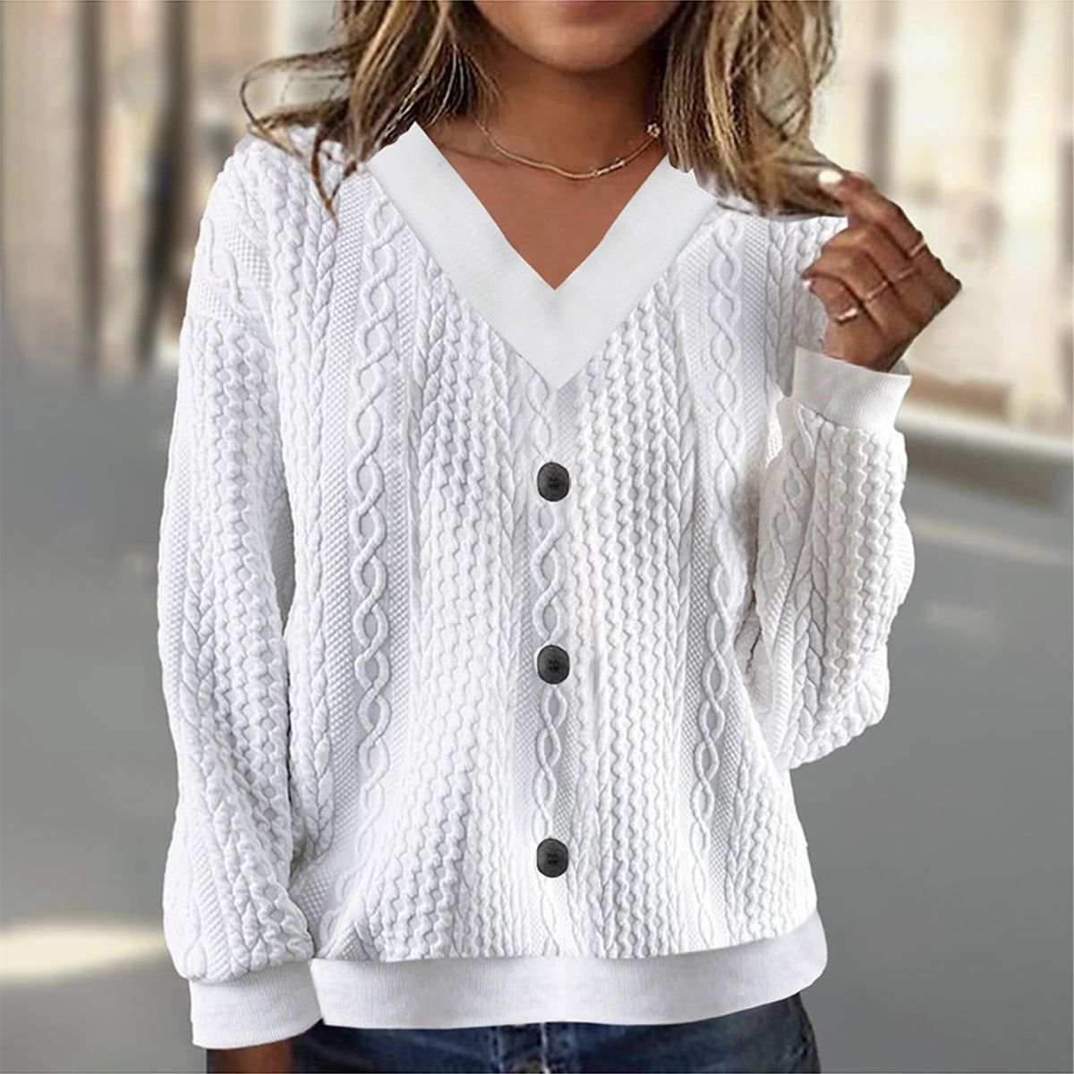 White V-Neck Long Sleeve Top