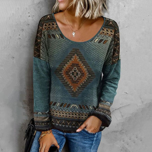 Classy Round Neck Print Long Sleeve Top