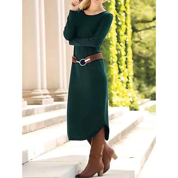 Superbe robe midi verte unie à manches longues 