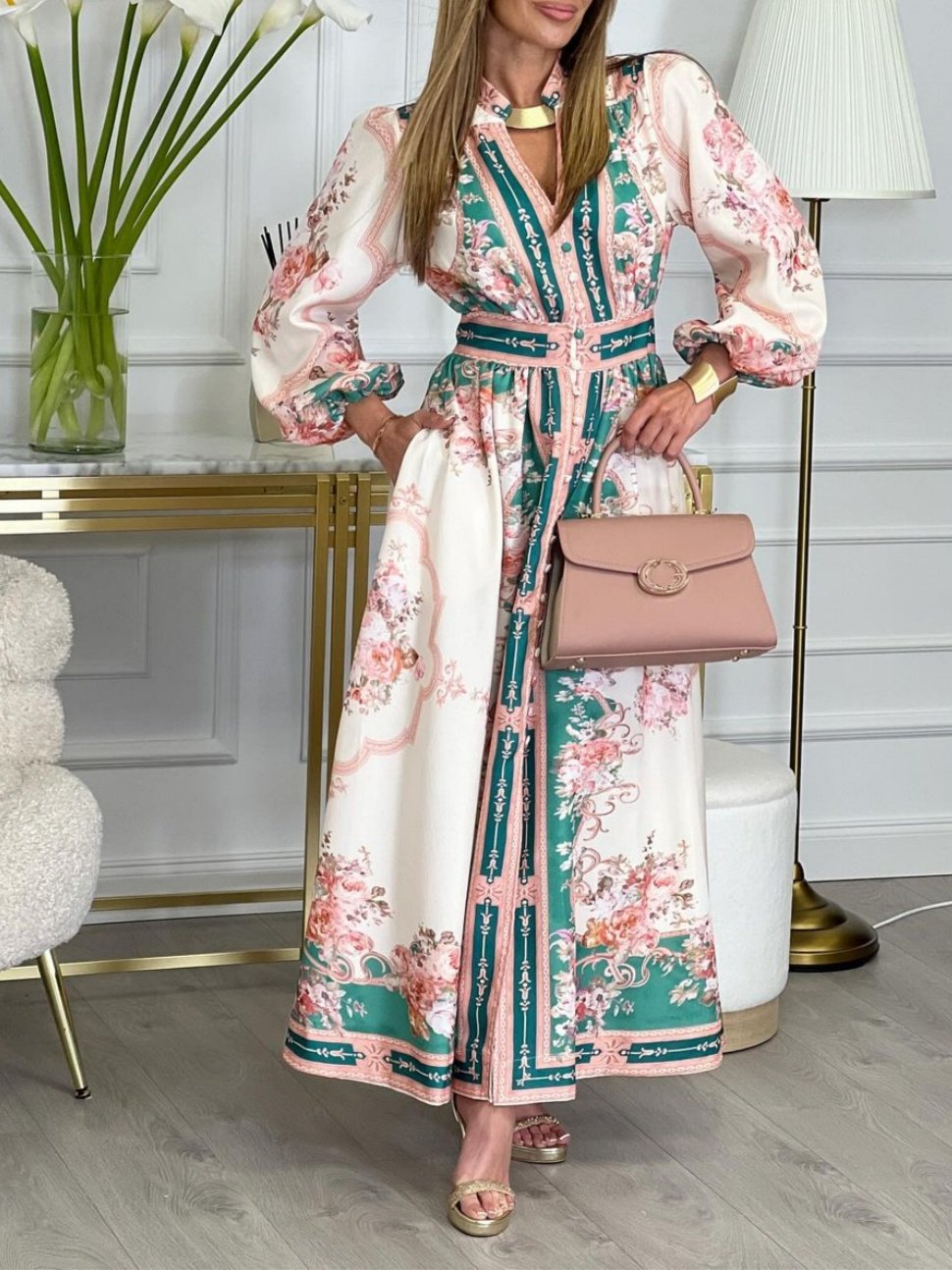 Printed Single-breasted Long-sleeve Maxi Dress