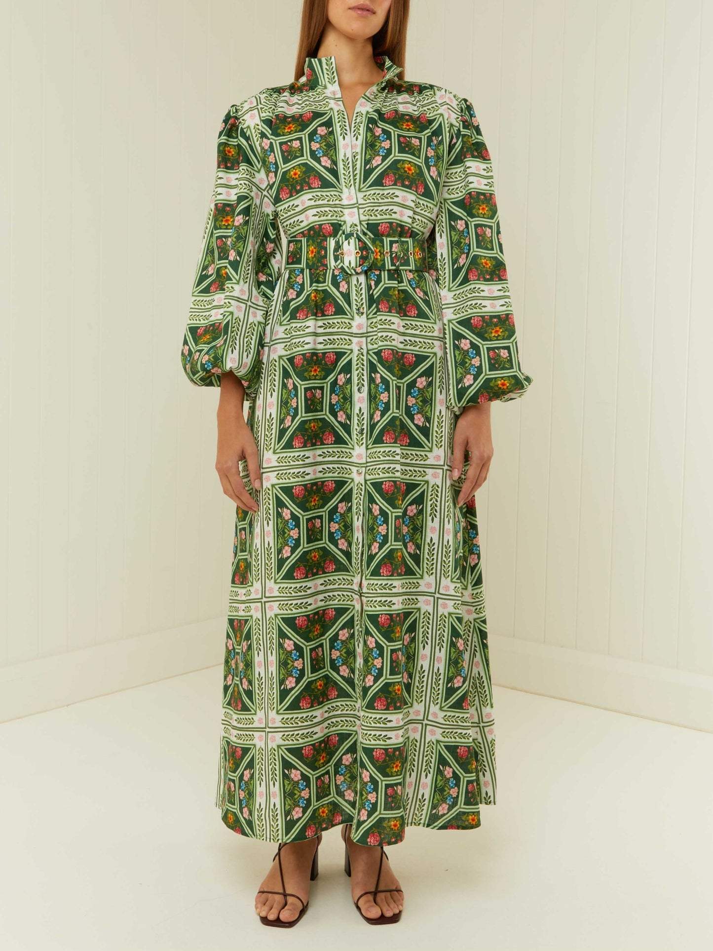 Green Long Sleeve Collared Maxi Dress