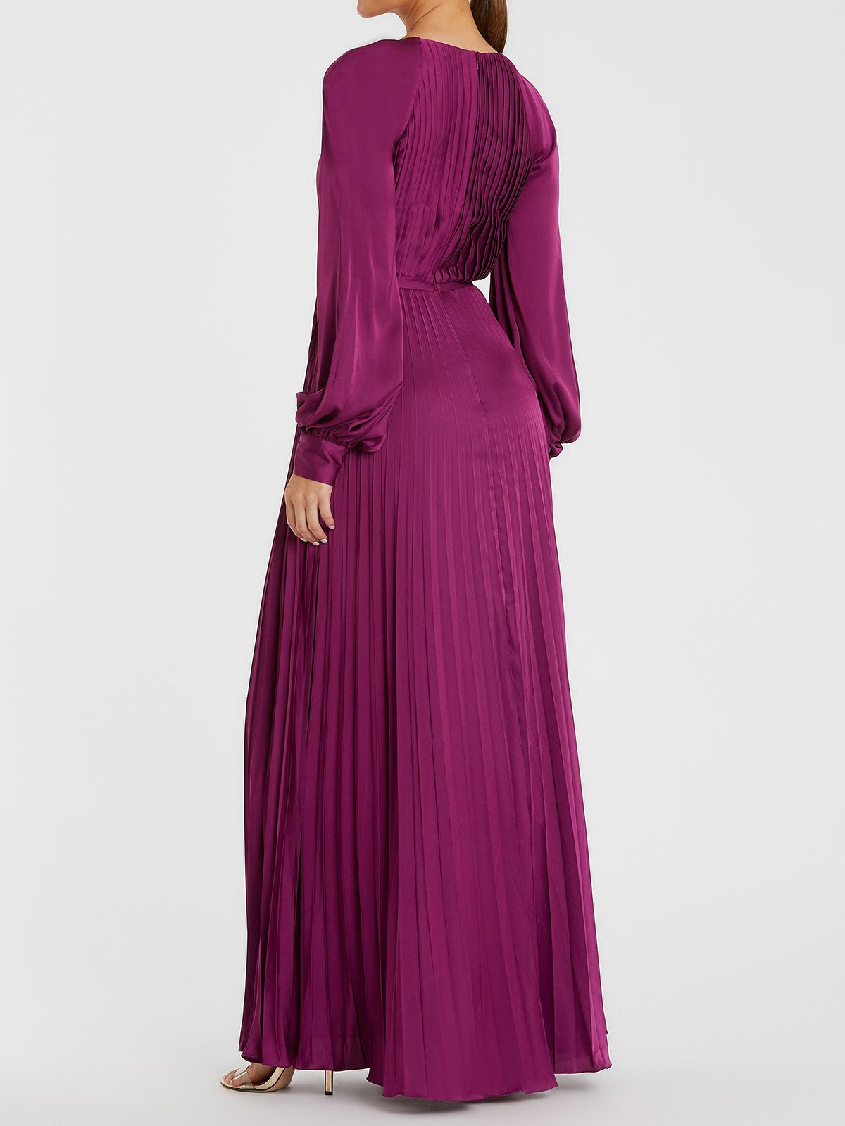 Pleated Round Neck Raglan Long Sleeve Maxi Dress