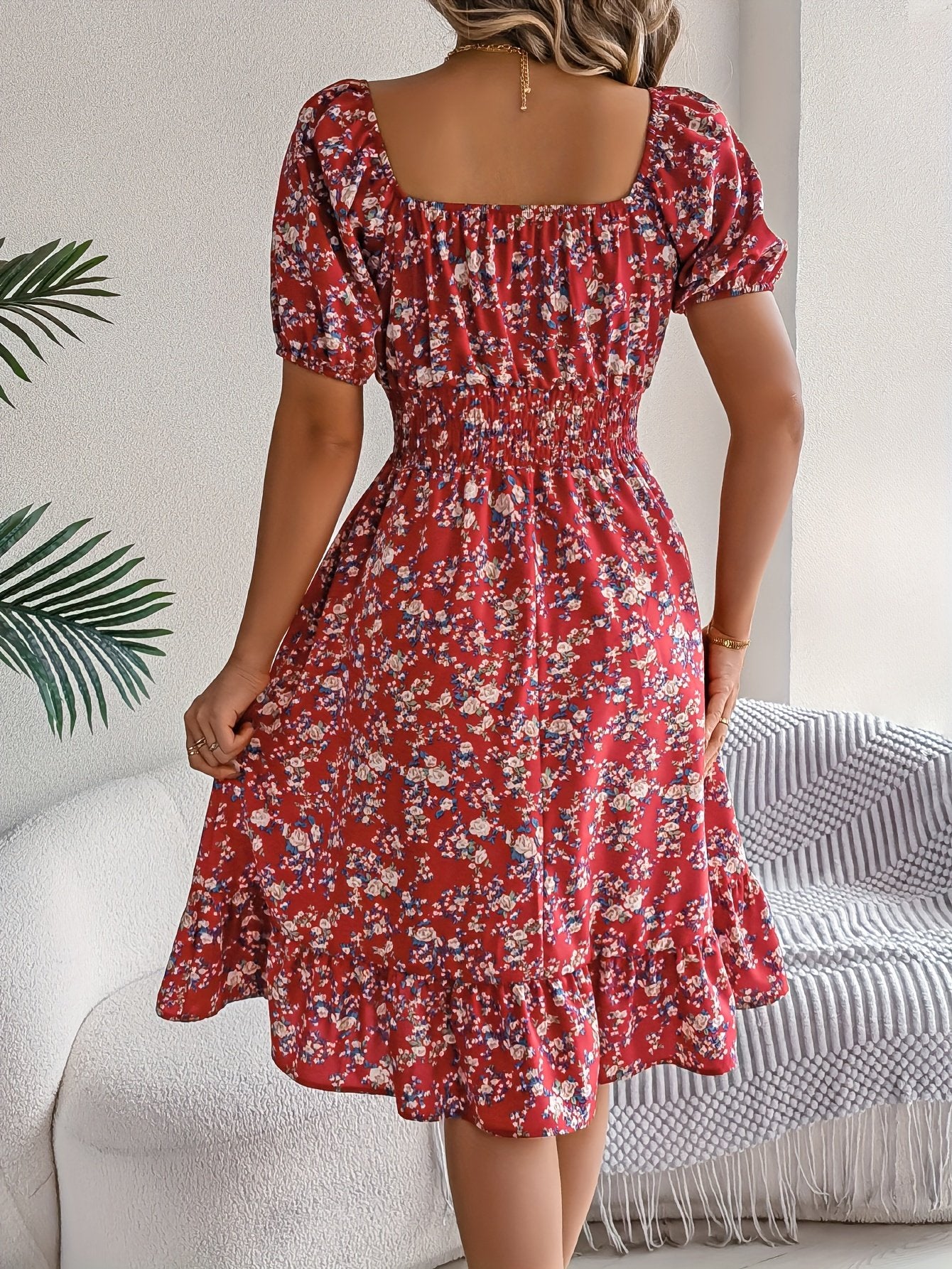 Floral Print Square Neck Midi Dress