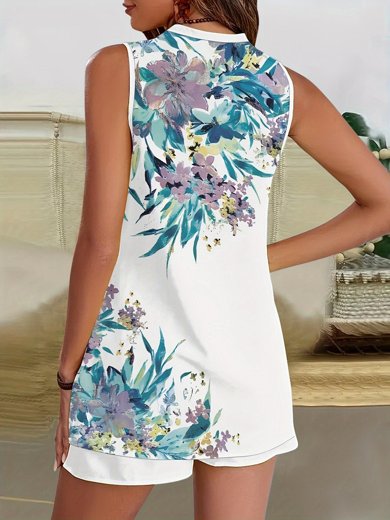 Stylish Floral Print Sleeveless Two Piece Set