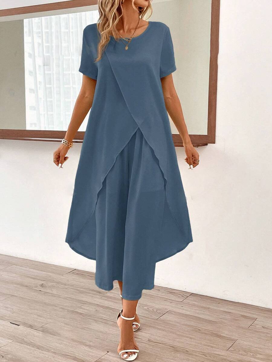 Blue Round Neck Two Piece Set