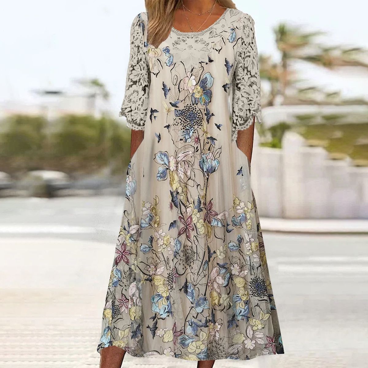 Unique Plant Print Round Neck Midi Dress