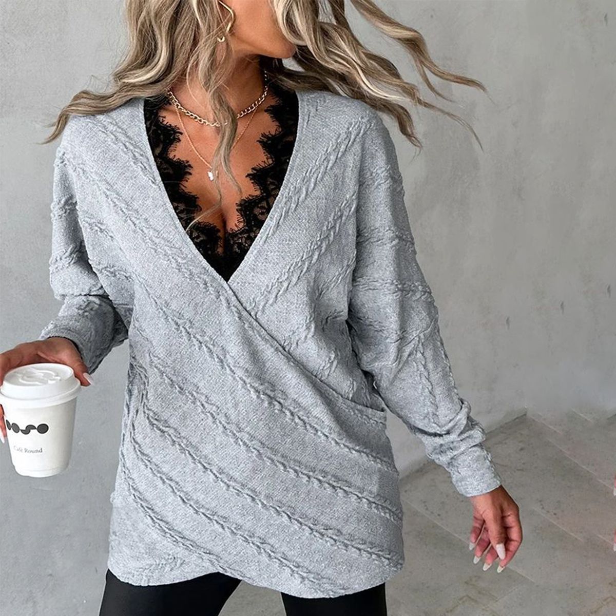 Modern V-Neck Long Sleeve Lace Trim Sweater