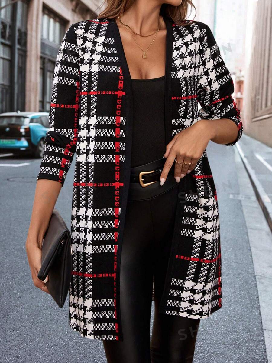 Black and White Plaid Long Sleeve Outerwear