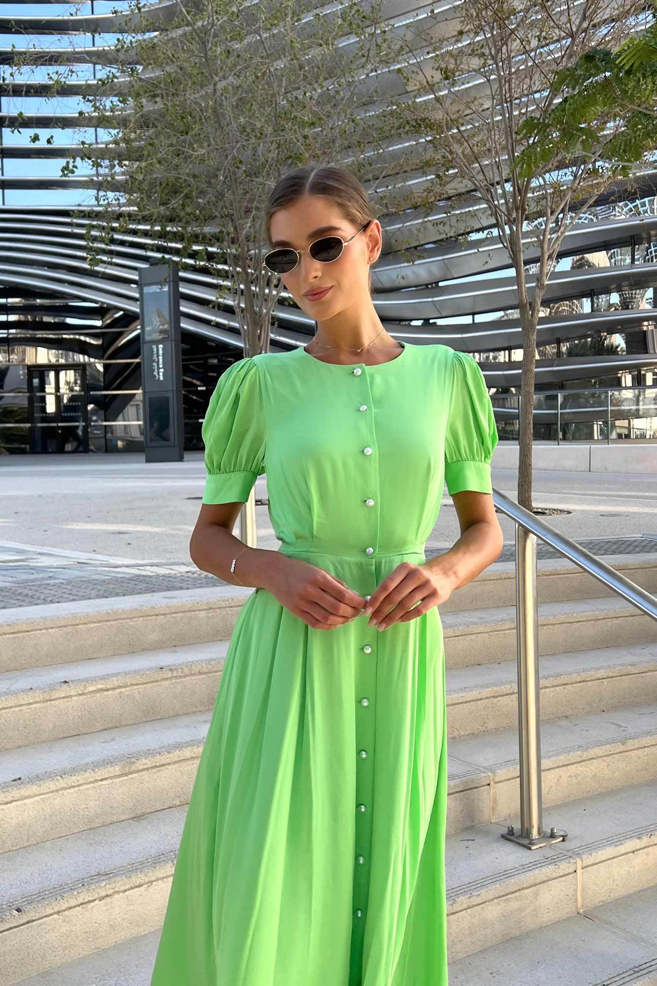 Solid Color Short Sleeves Button Front Midi Dress