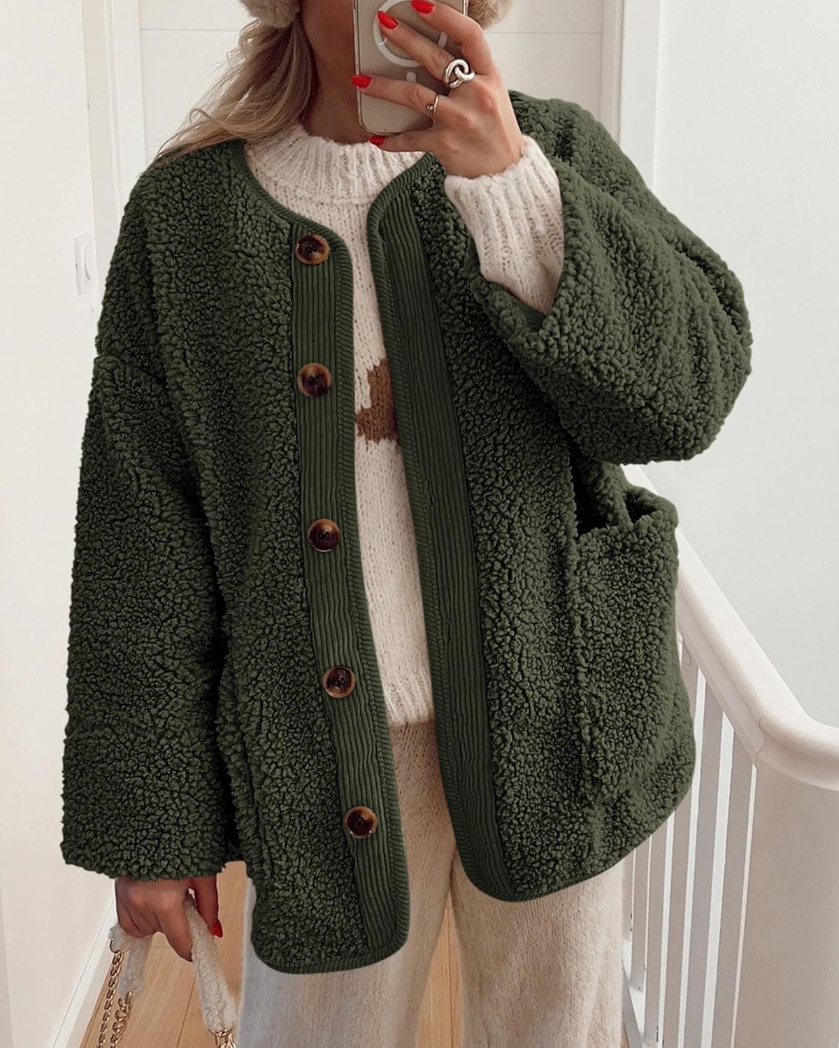 Casual Fuzzy Fleece Long Sleeve Button Jacket