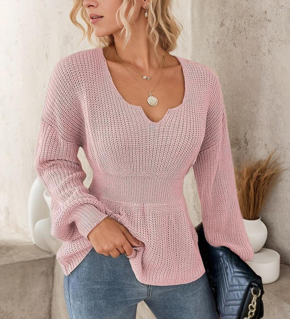 Sweet Pink Plain Notched Neck Long Sleeve Sweater