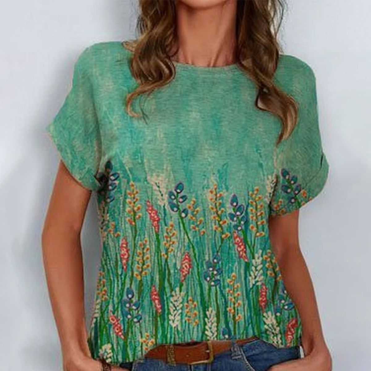 Green Short Sleeve Round Neck Top