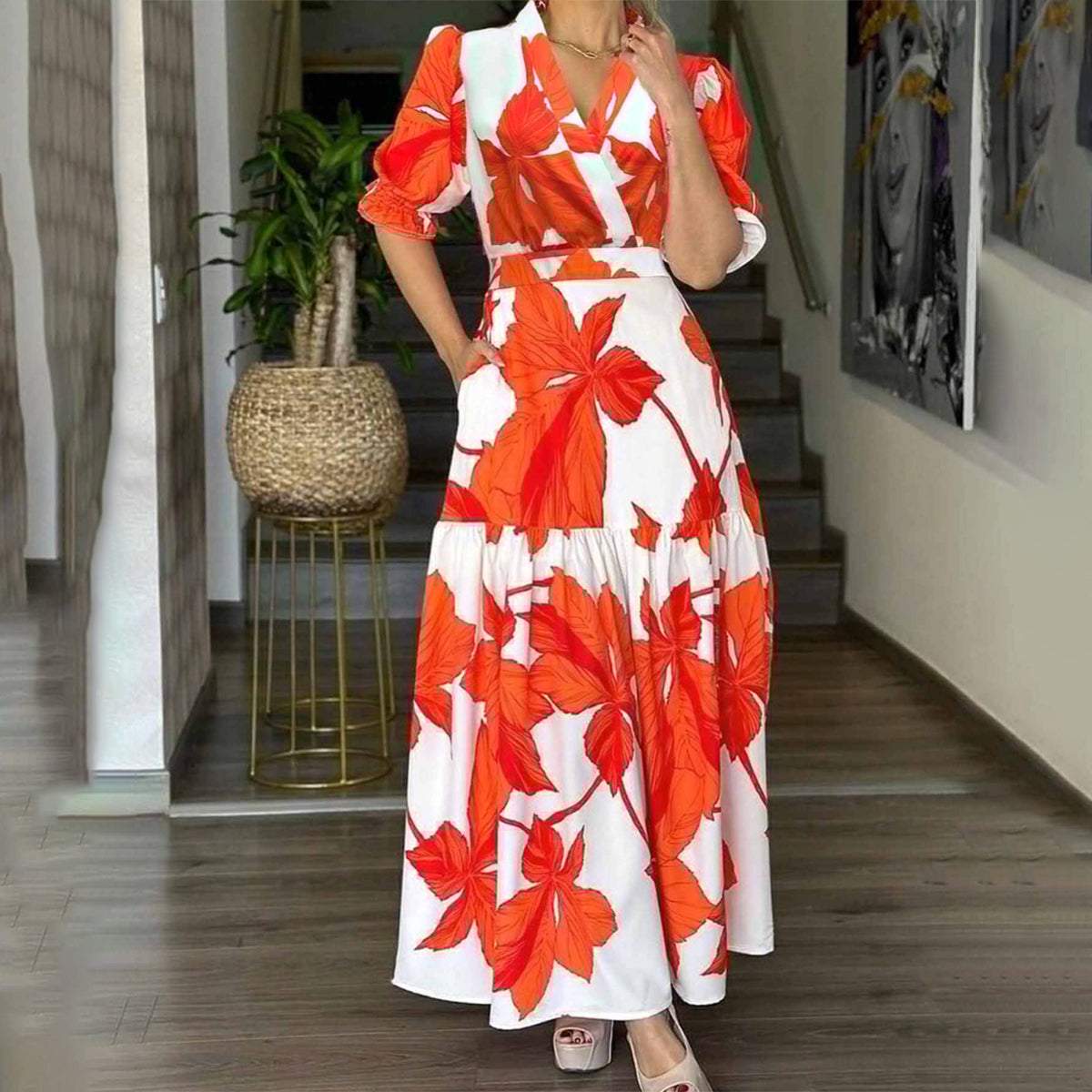 Stunning Short Sleeve Orange Maxi Dress