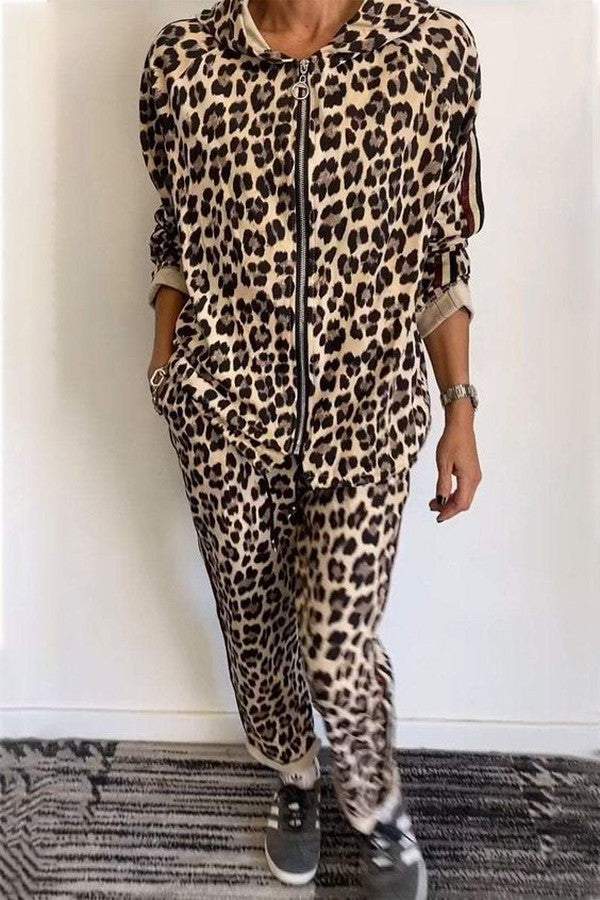 Brown Hoodie Leopard Two Piece Set