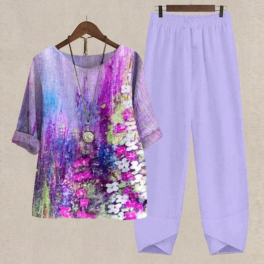 Purple Floral Print 3/4 Sleeve Two Piece Set