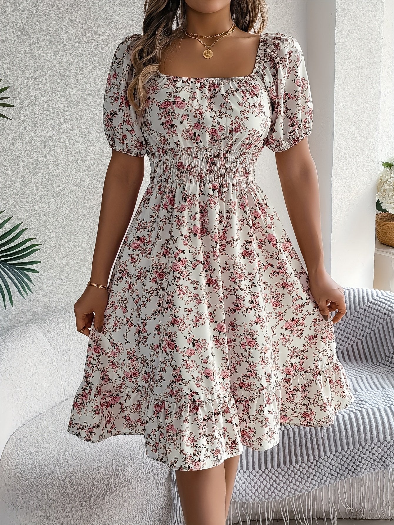 Floral Print Square Neck Midi Dress