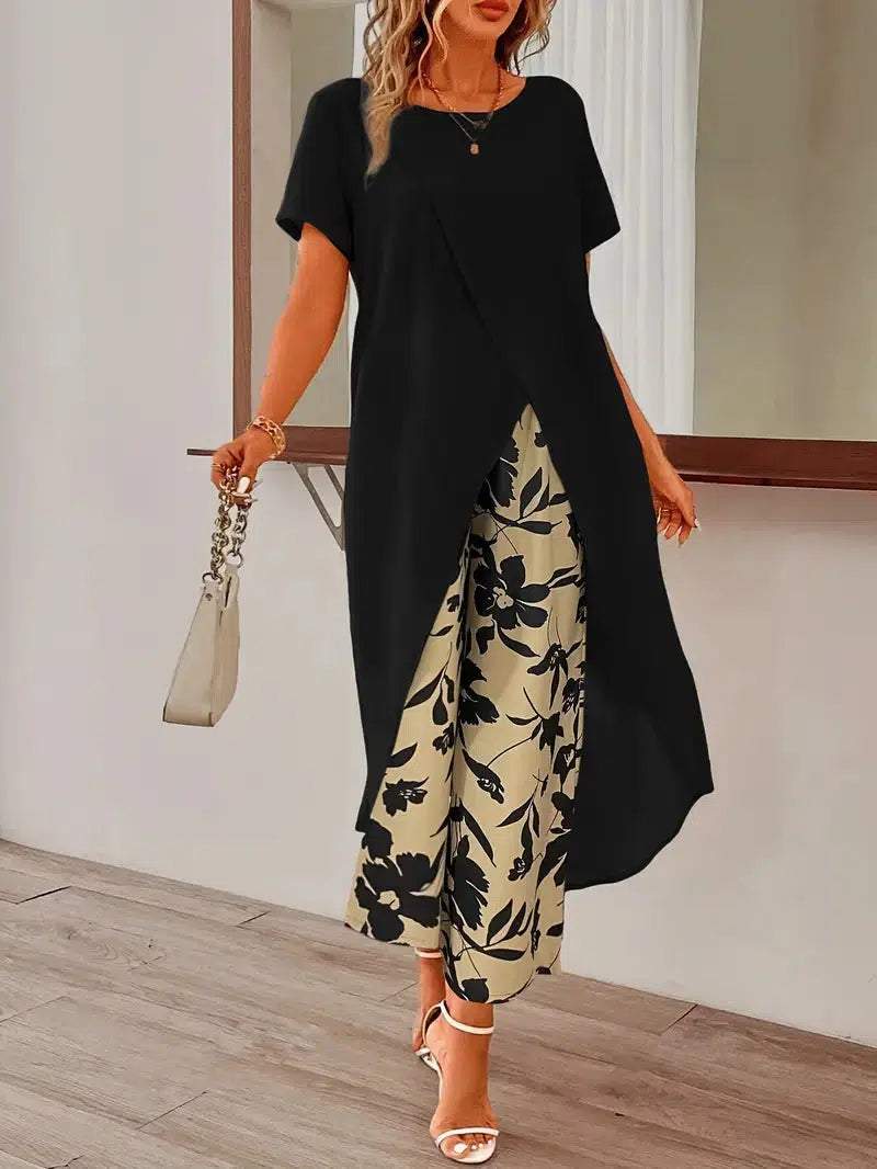 Black Plant Print Round Neck Two Piece Set