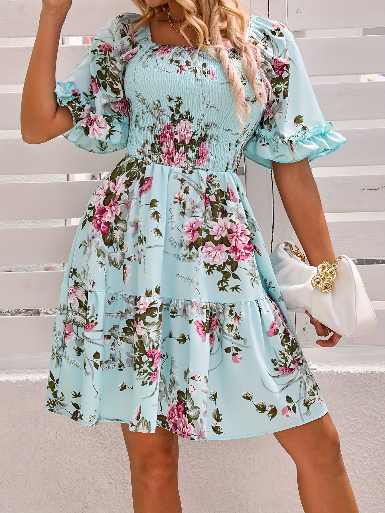 Pink Charming Floral Print Short Sleeve Mini Dress