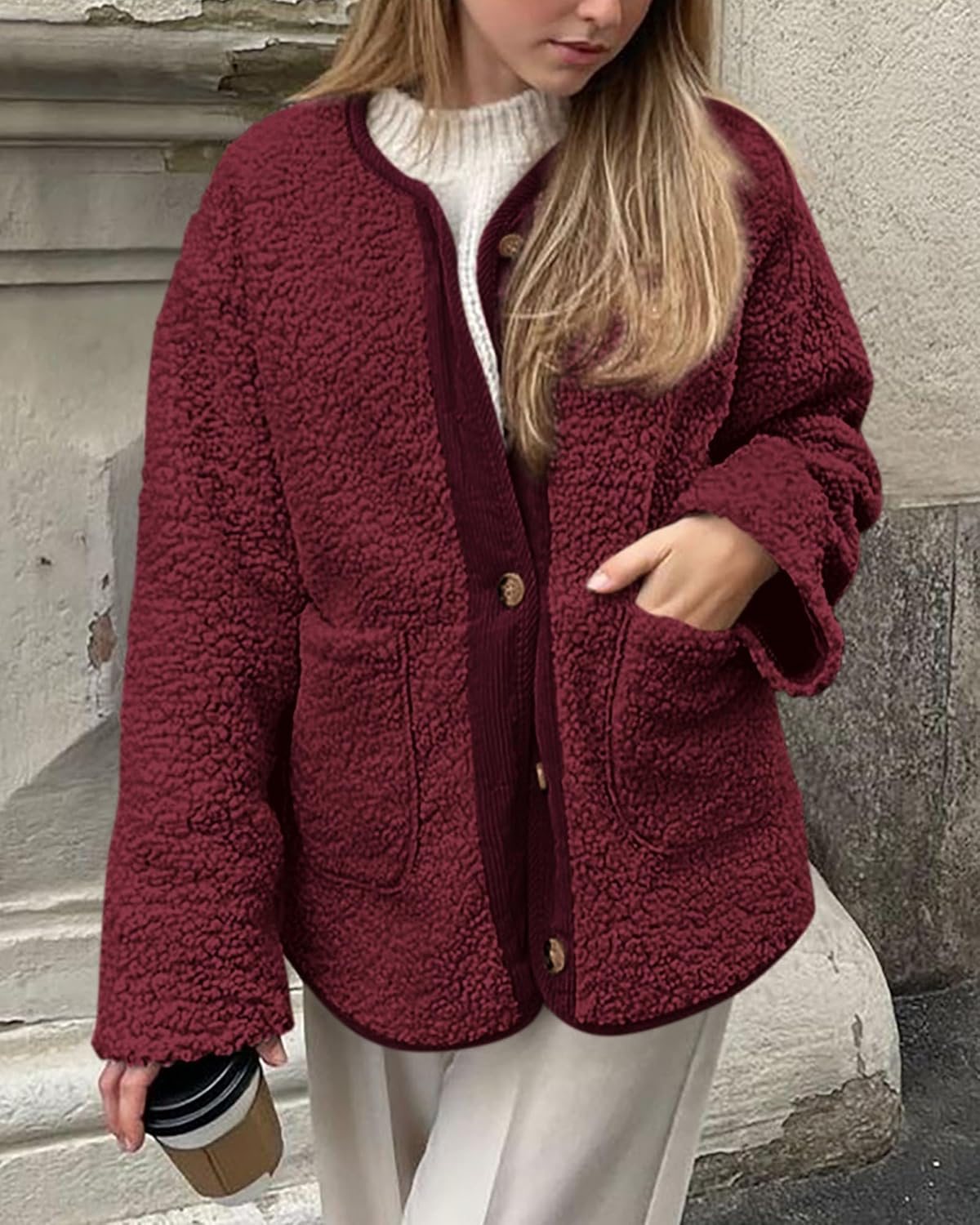 Casual Fuzzy Fleece Long Sleeve Button Jacket