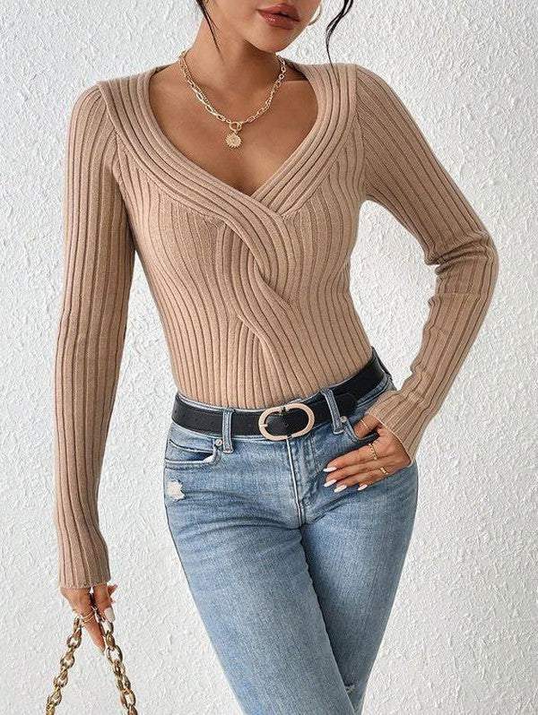 Apricot Plain Long Sleeve V-Neck Sweater