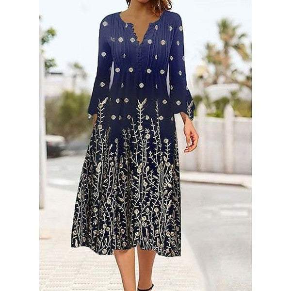 Trendy Blue Long Sleeve Midi Dress