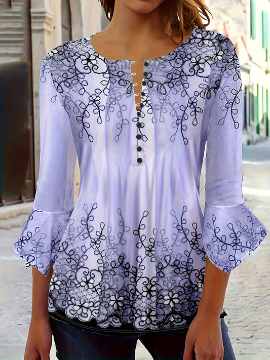 Floral Print Button 3/4 Sleeve V-Neck Top