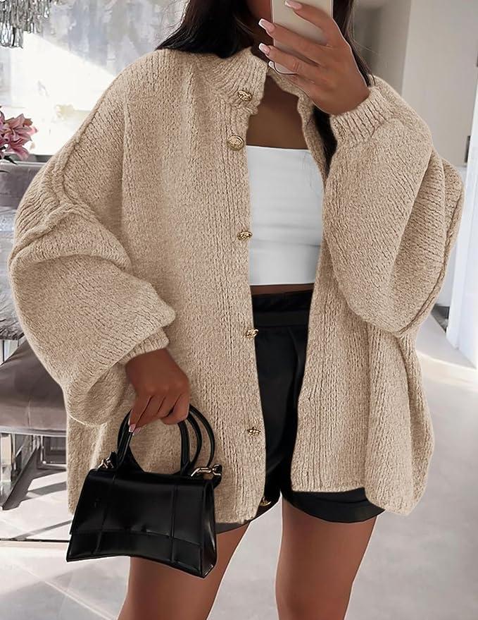 Trendy Mock Neck Lantern Long Sleeve Chunky Knit Cardigan Jacket