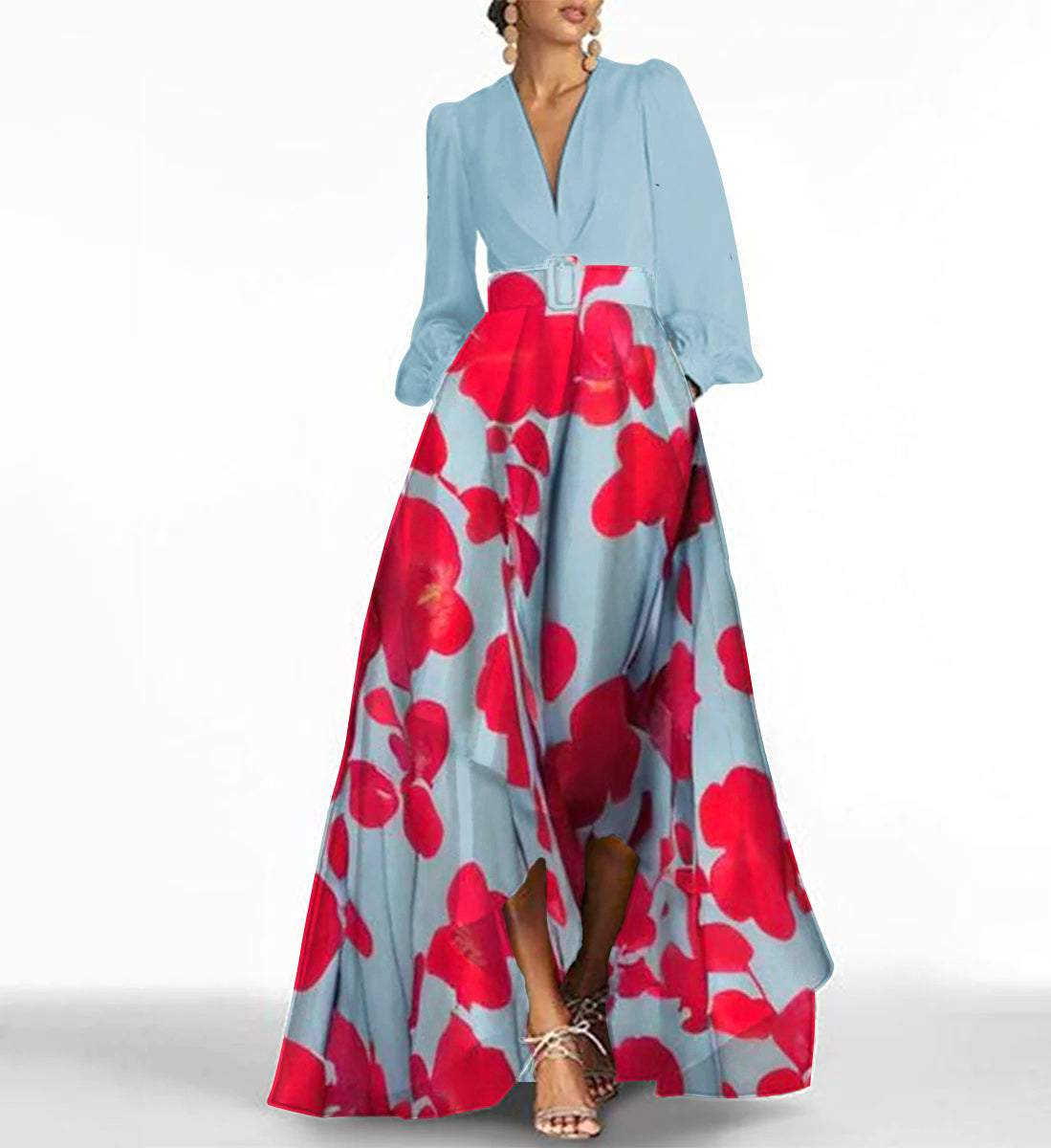 Romantic Long Sleeve Floral Print Maxi Dress