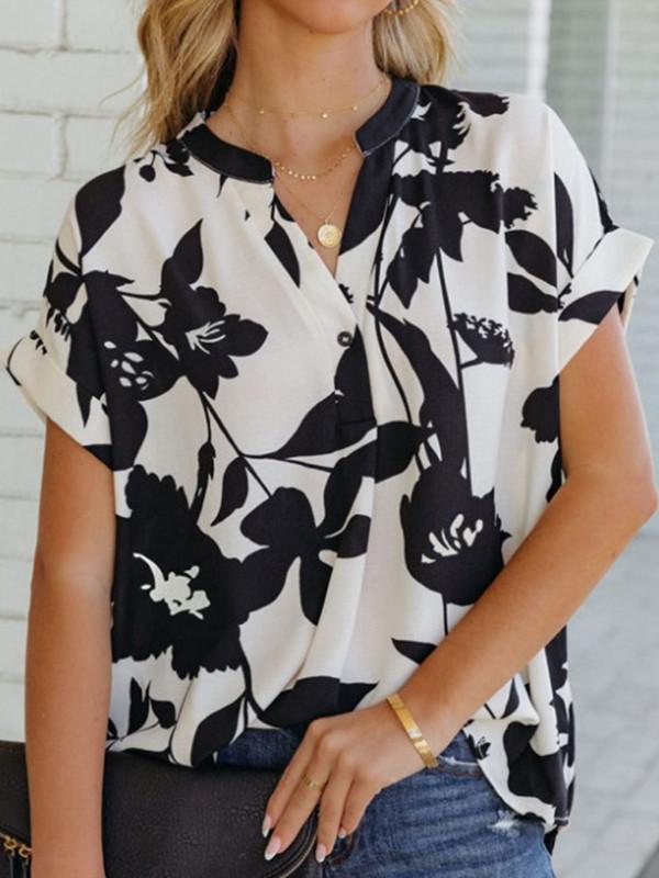 Loose Print V-neck Chiffon Shirt