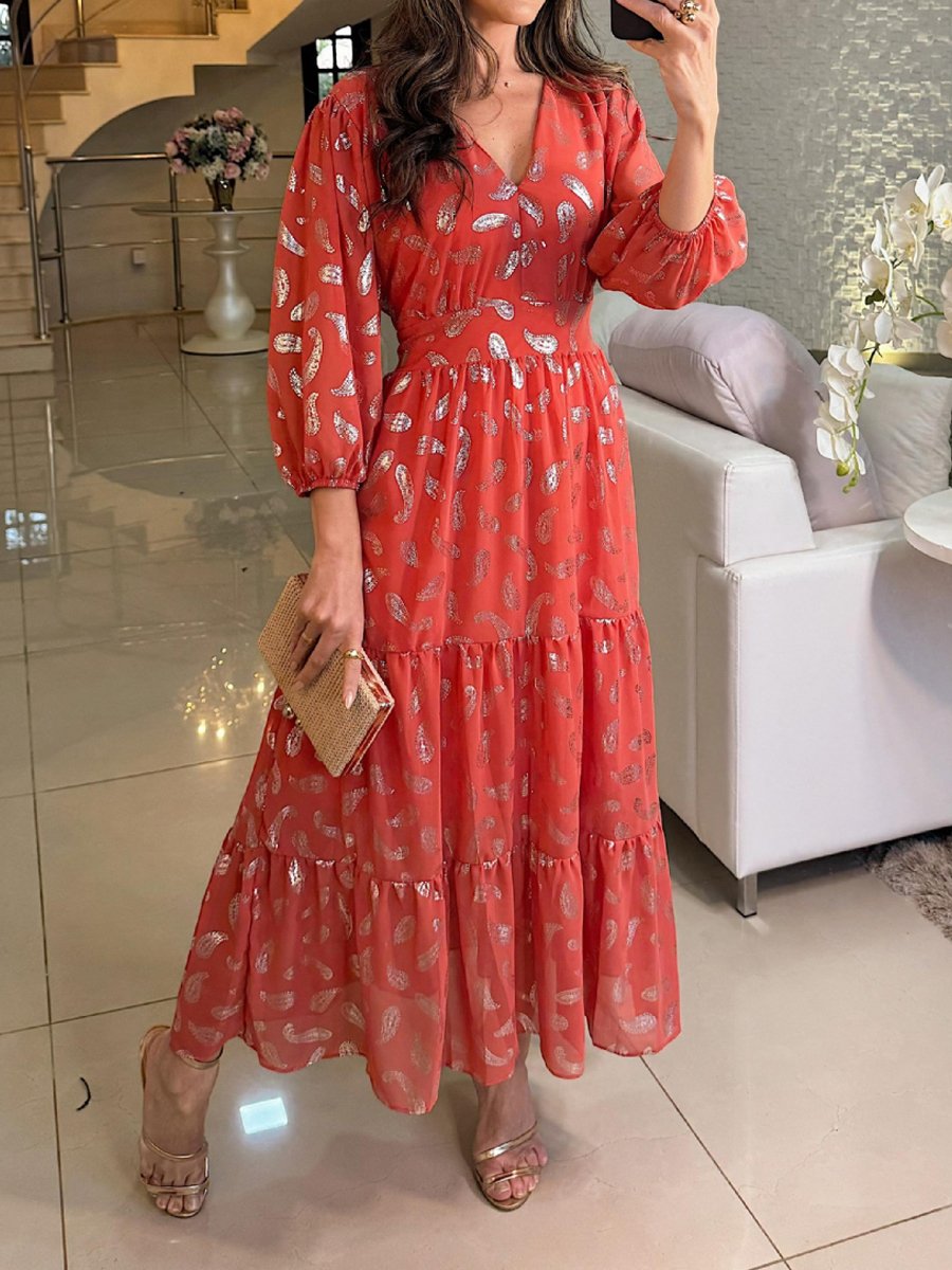 Hot Stamping V Neck Long Sleeve Chiffon Maxi Dress