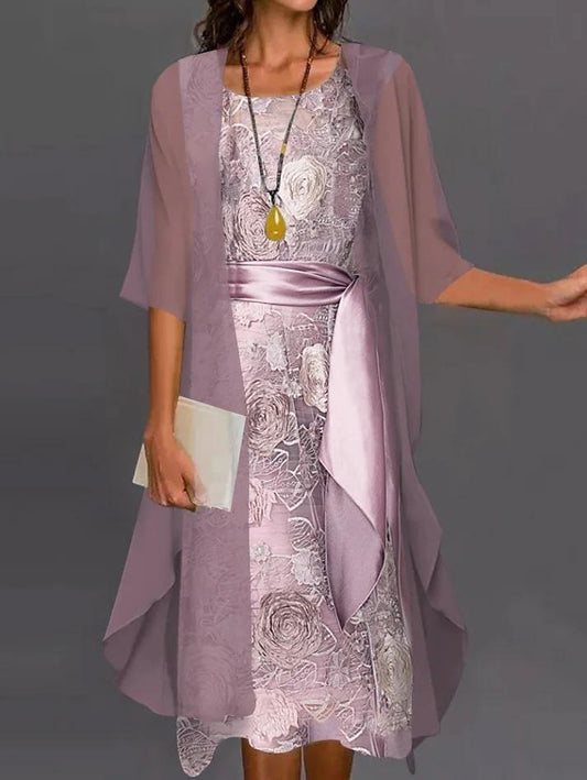 Chiffon Solid Color Lace Two-piece Outfits Maxi  Dress