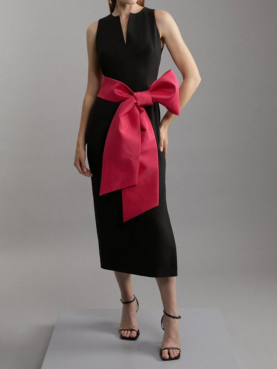 Elegant V-Neck Bow Tie Waist Midi Dress