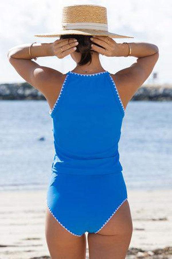 Blue Plain Sleeveless Swimwear