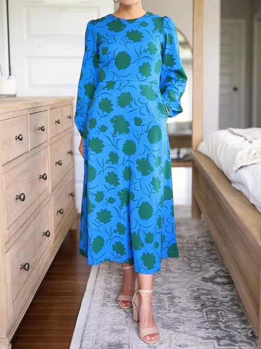 Stylish Crew Neck Long Sleeve Printed Maxi Dress