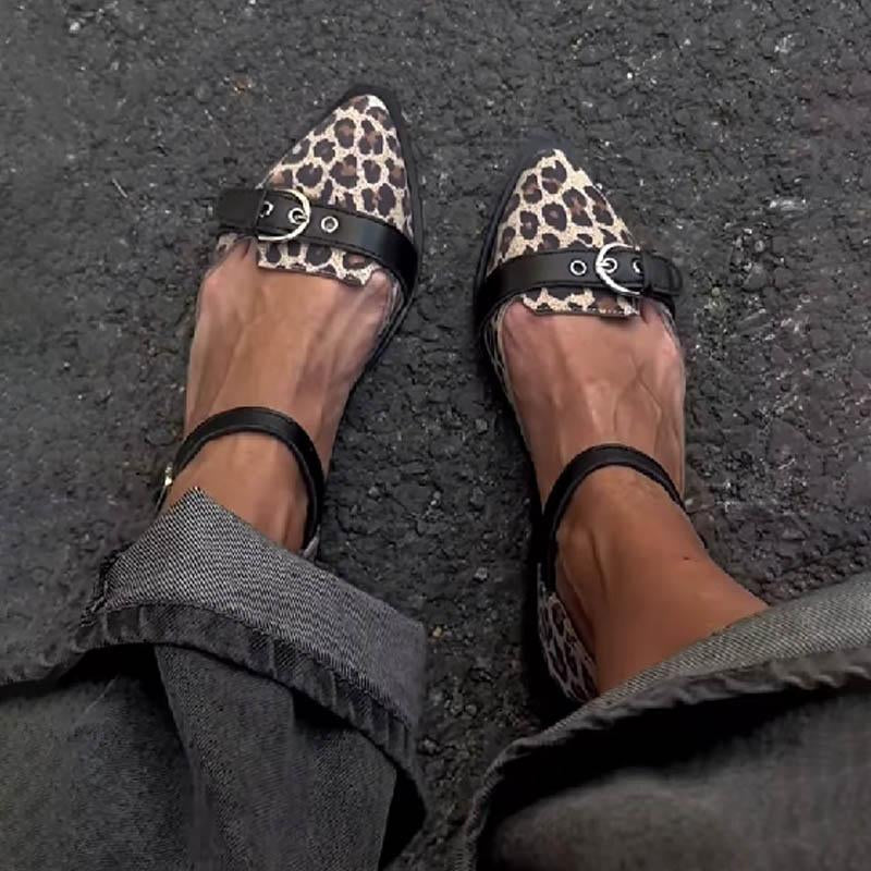 Pointed Toe Leopard Print Belt Buckle Flat Sandals