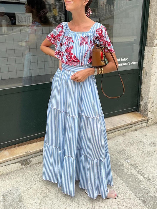 Off Shoulder Striped Print Lace Up Maxi Dress