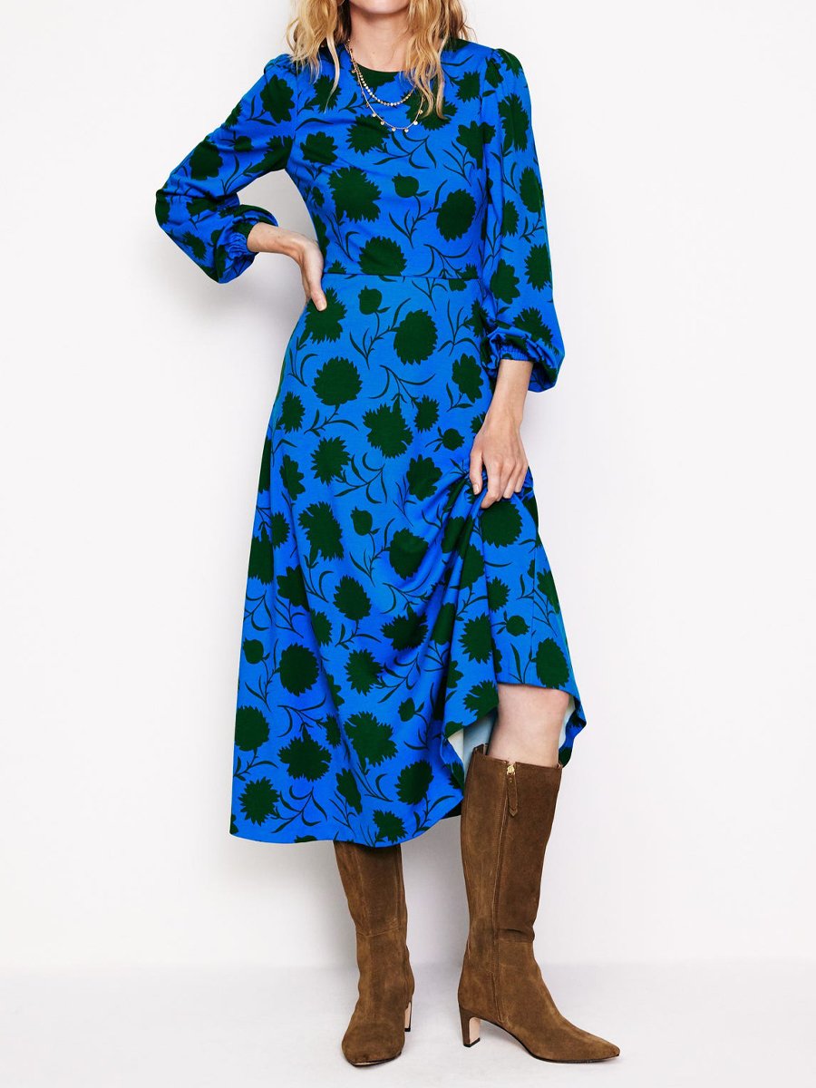 Stylish Crew Neck Long Sleeve Printed Maxi Dress