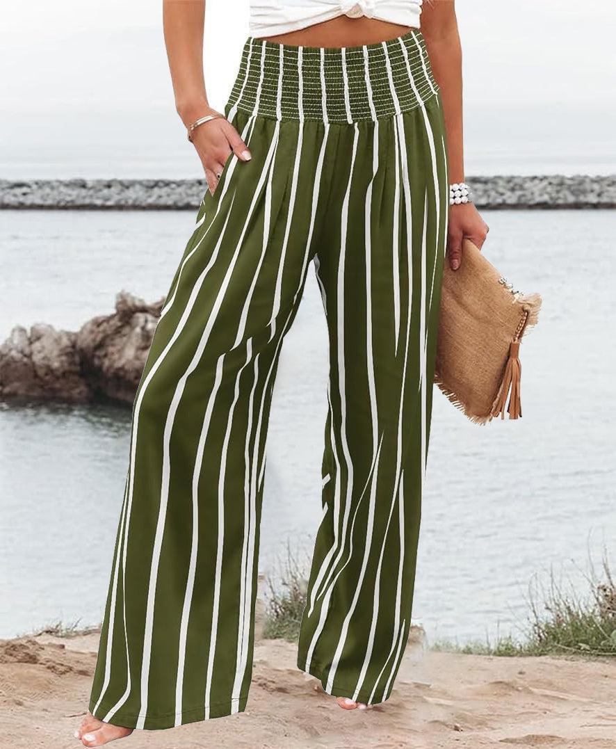 Green Striped Elastic Waistband Pants