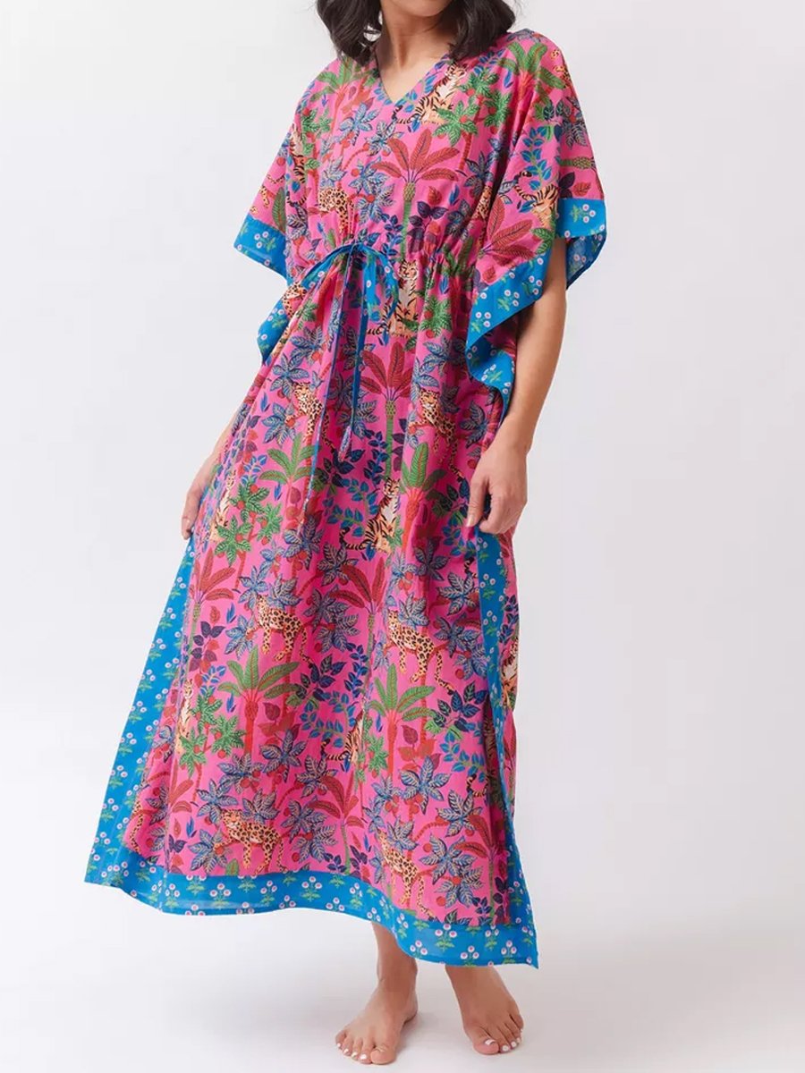 Printed V Neck Loose Drawstring Waist Maxi Dress