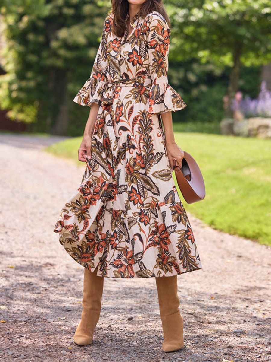 Ruffle Mock Neck Long Sleeve Floral Print Belted Midi Dress