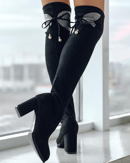 Rhinestone Butterfly Pattern Bow Thick Heel Boots