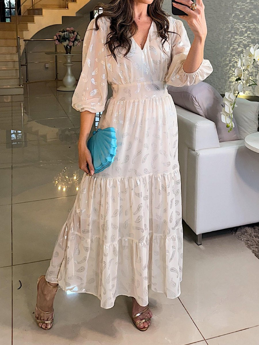 Hot Stamping V Neck Long Sleeve Chiffon Maxi Dress