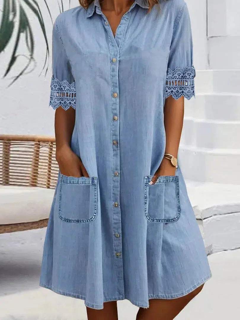 Blue Plain Collared Lace Trim Denim MIni Dress