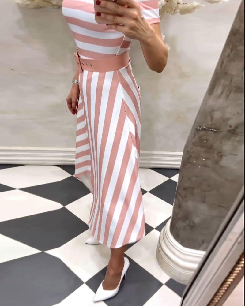 Pink Striped Short Sleeve Maxi Dress