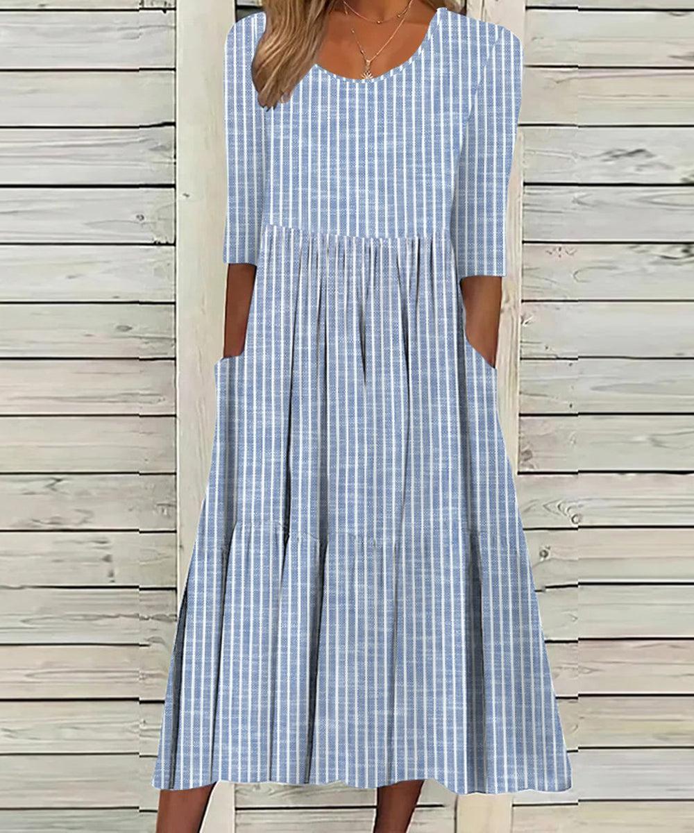 Unique Blue Striped Half Sleeve Midi Dress